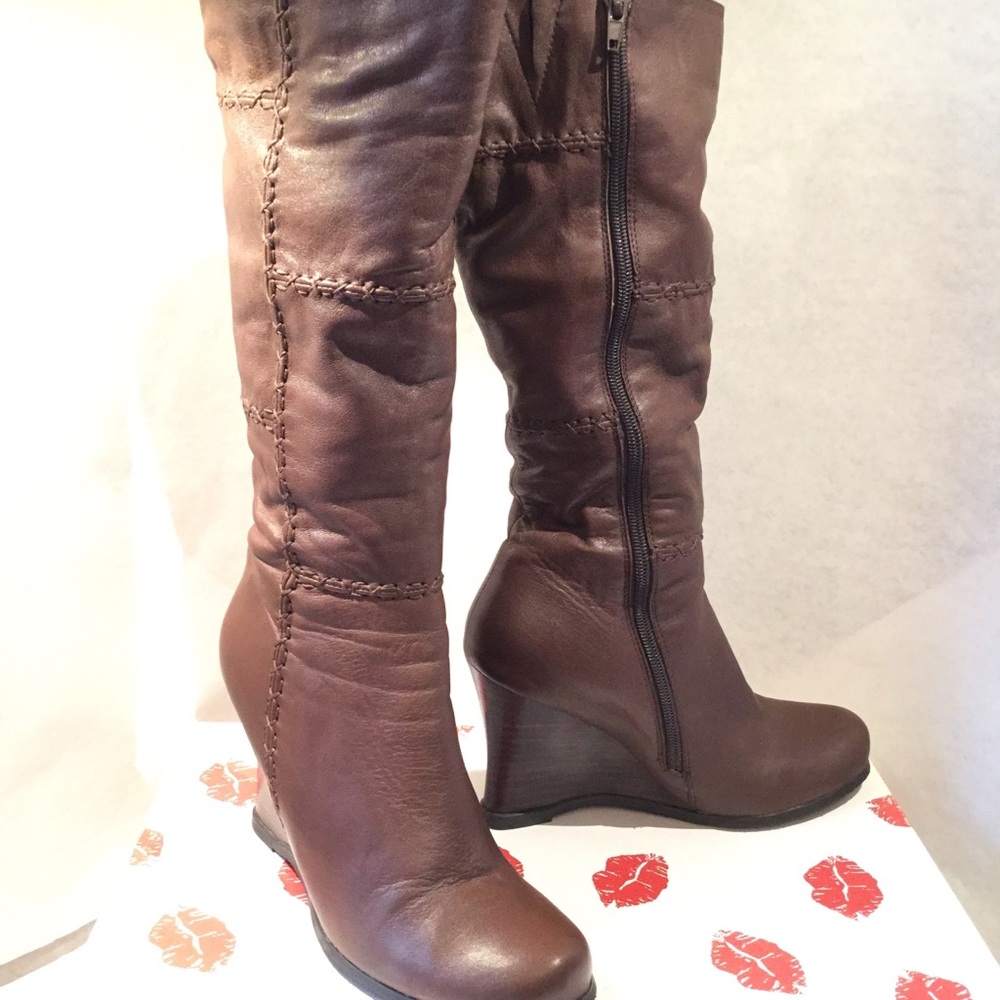 Hot Kiss patchwork brown leather wedge boots